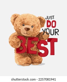 cute bear doll holding do your best slogan vector illustration