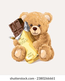 muñeca de oso lindo sosteniendo una ilustración vectorial de barra de chocolate dorado