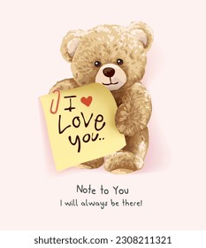 cute bear doll holding love memo note vector illustration