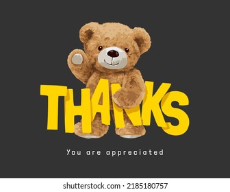 cute bear doll holding thanks slogan vector illustration on black background