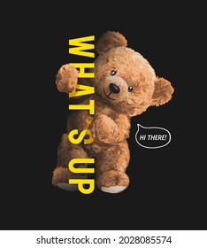 cute bear doll holding what's up sign vector illustration on black background