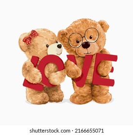 cute bear doll lovers holding love text slogan vector illustration