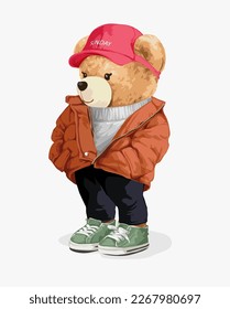 cute bear doll in orange down jacket vector illustration