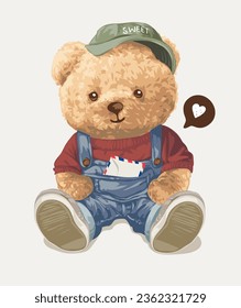 cute bear doll in oveall denim with letter on his chest pocket vector illustration