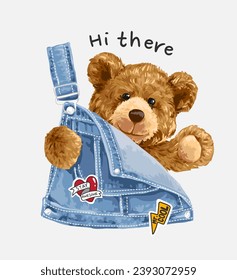 cute bear doll in overall denim jacket and colorful badges vector illustration