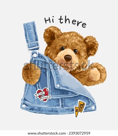 cute bear doll in overall denim jacket and colorful badges vector illustration