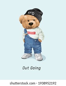 cute bear doll in overall outfit and sweater hat illustration