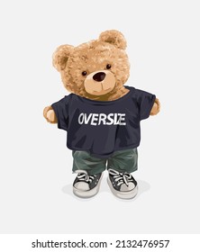 cute bear doll in oversize t shirt vector illustration