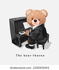 cute bear doll as pianist graphic vector illustration