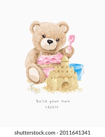 cute bear doll in pink bikini building sand castle vector illustration