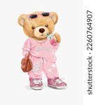 cute bear doll in pink fashion sweatsuit vector illustration