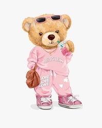 Cute Bear Doll In Pink Fashion Sweatsuit Vector Illustration