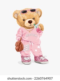 cute bear doll in pink fashion sweatsuit vector illustration