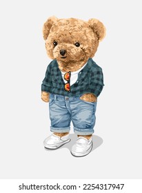 cute bear doll in plaid shirt and blue jeans vector illustration