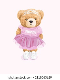 cute bear doll in princess t shirt and diamond crown vector illustration