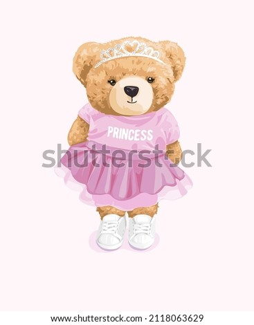 cute bear doll in princess t shirt and diamond crown vector illustration