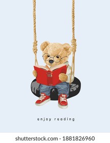 cute bear doll reading a book on tire swing illustration