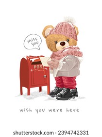 cute bear doll and red post box in winter season vector illustration