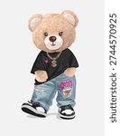 cute bear doll in ripped blue jeans vector illustration