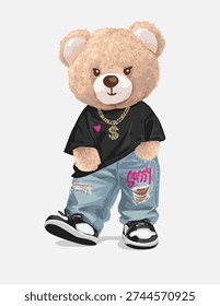 cute bear doll in ripped blue jeans vector illustration