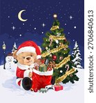 cute bear doll in santa claus costume and christmas tree on snowy night background vector illustration