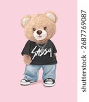 cute bear doll in sassy t-shirt slogan grunge fashion style vector illustration