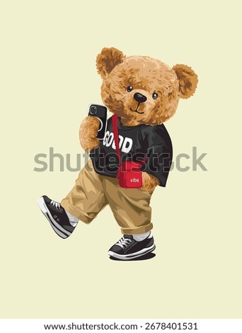 cute bear doll selfie in good vibe t-shirt vector illustration