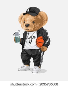 cute bear doll in sport track suit holding basketball vector illustration