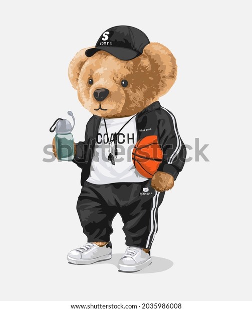 cute bear doll in sport track suit holding\
basketball vector\
illustration