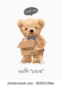 cute bear doll standing in fragile cardboard box vector illustration