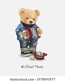 cute bear doll street accordion vector illustration