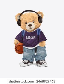 cute bear doll in street fashion holding basketball hand drawn vector illustration