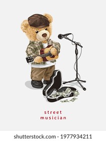 cute bear doll street musical player vector illustration