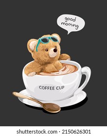 cute bear doll with sunglasses in coffee cup on black background vector illustration