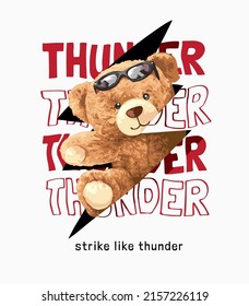 cute bear doll with sunglasses in thunderbolt on thunder slogan background vector illustration