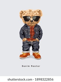 cute bear doll in sunglasses wearing denim jacket and jeans illustration