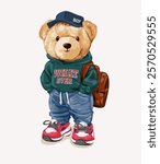 cute bear doll in whatever hoodie and blue jeans vector illustration