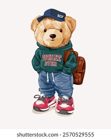 cute bear doll in whatever hoodie and blue jeans vector illustration