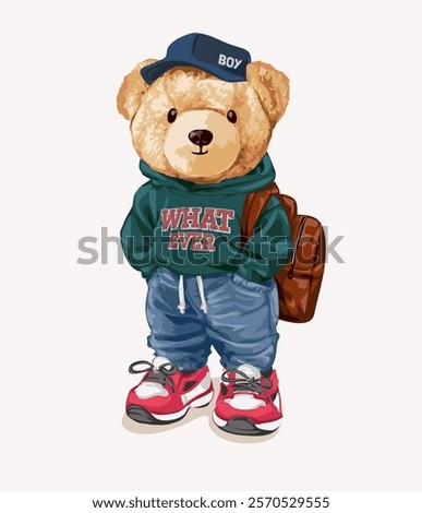 cute bear doll in whatever hoodie and blue jeans vector illustration
