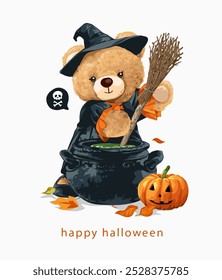 cute bear doll in witch and wizard pot vector illustration