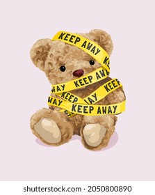 cute bear doll wrapped by keep away yellow tape vector illustration