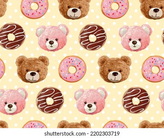 cute bear dolls and donuts seamless pattern vector illustration