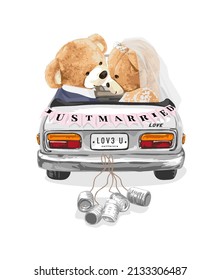 cute bear dolls marriage couple in just married wedding car vector illustration