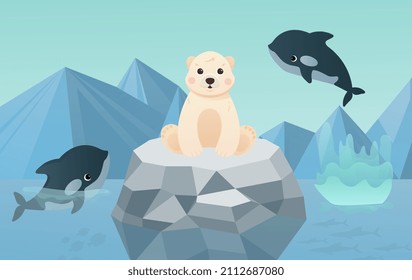 Cute bear with dolphin. Charming character floating on iceberg. North Pole, Arctic and Antarctica. Polar animals. Picture for printing on childrens clothes, banner. Cartoon flat vector illustration