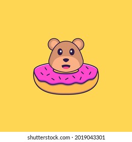 Cute bear with a donut on his neck. Animal cartoon concept isolated. Can used for t-shirt, greeting card, invitation card or mascot.