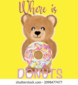 Cute bear donut vector illustration. Teddy hand draw