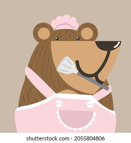 Cute bear doodle vector icon cook