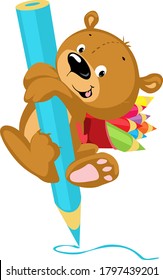 Cute Bear Drawing with Crayon - Funny Vector Illustration Cartoon