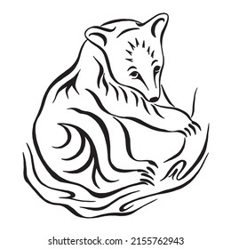 Cute bear drawing. Hand drawn black and white vector illustration isolated on white background. Linear drawing. Funny bear.Tattoo design.