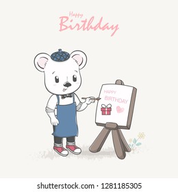 Cute bear drawing happy birthday poster cartoon hand drawn vecter illustration. Use for Happy birthday invitation card, T-shirt print, baby shower.